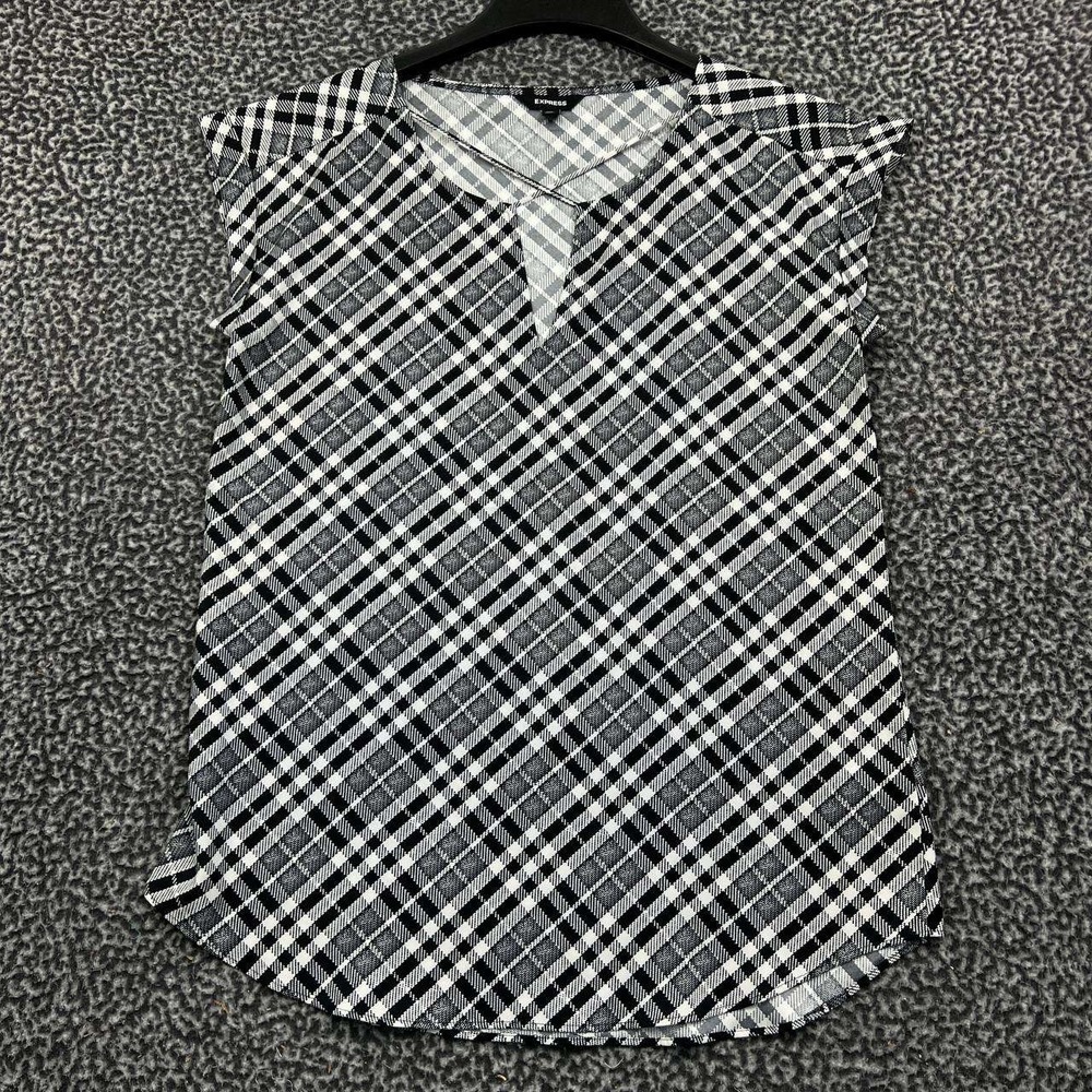 Express Womens Medium Black White Plaid Check V-Neck Cap Sleeve Blouse Top